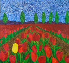 Painting of a field of red tulips with one single yellow tulip. Born to Stand Out by Joy Pesaturo