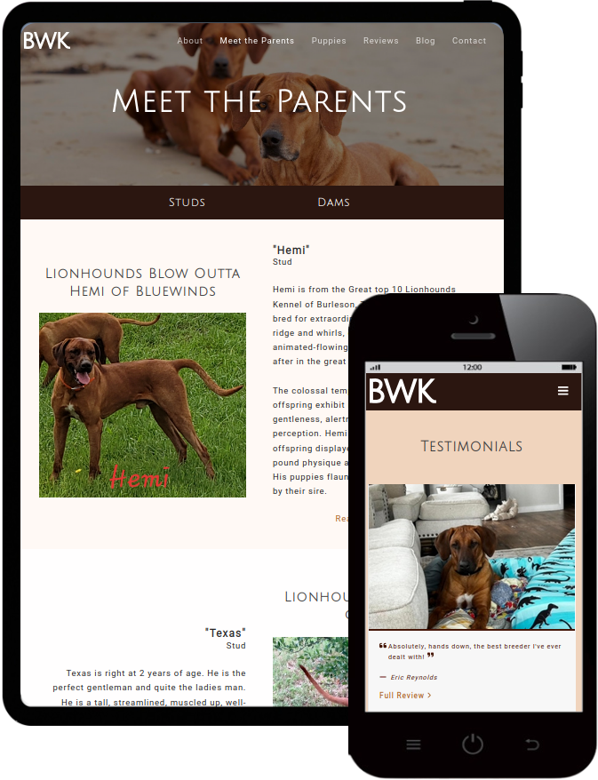 BWK Rhodesian Ridgebacks responsive website on tablet and phone.