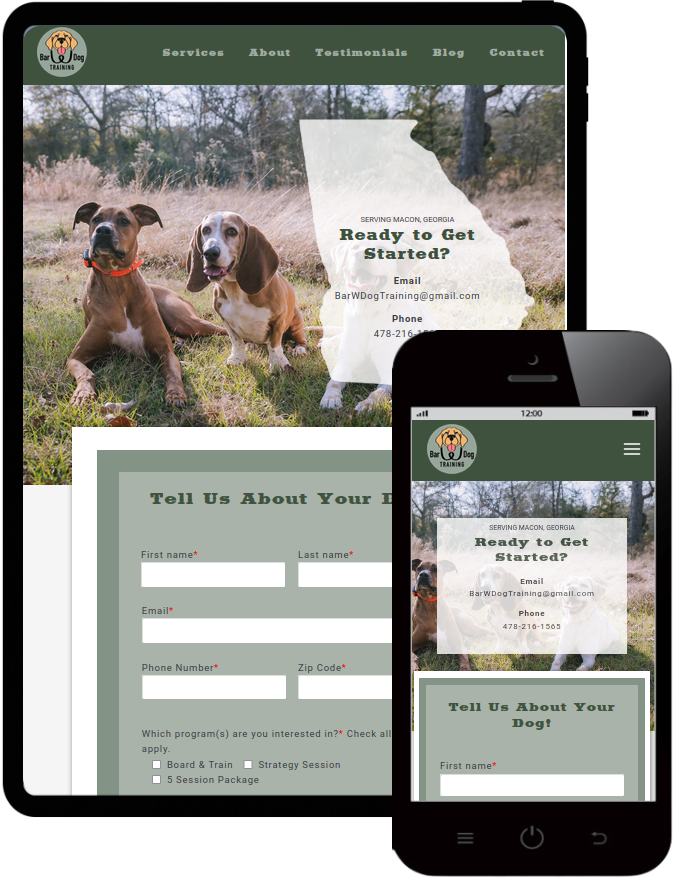 Bar W Dog Training responsive website on tablet and phone sizes