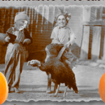 Old photo of two kids with a turkey. The kids faces have been replaced with members of The Melancholy Ramblers band.