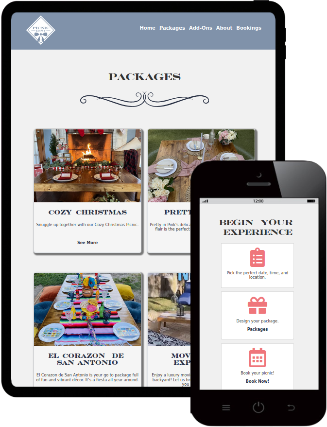 Picnic Envy's responsive website on tablet and phone.